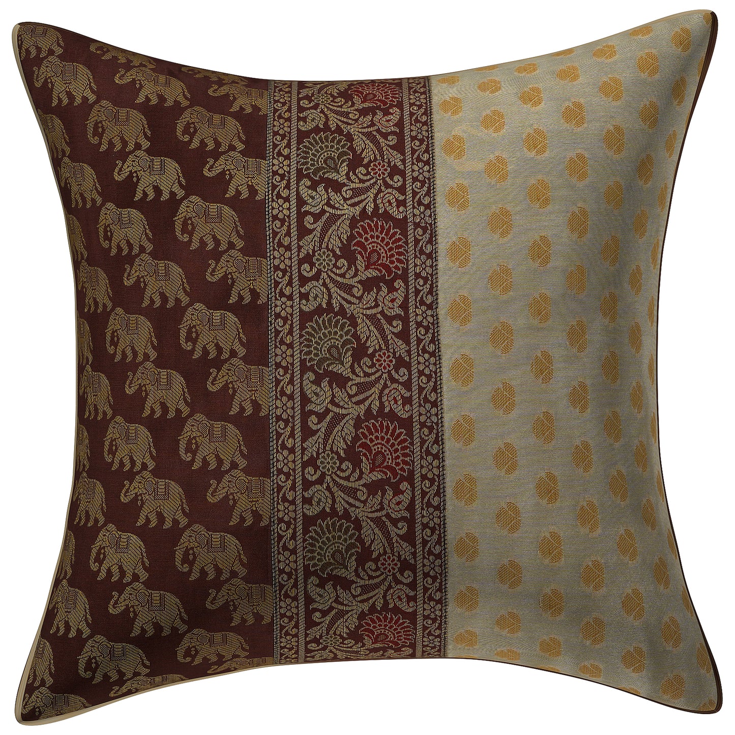 Indian Ethnic Brocade Silk Off White & Brown Elephant cushion Cover Throw Pillow for Couch Sofa Home Décor Pillow Cover 16X16 In Set 2 Pc