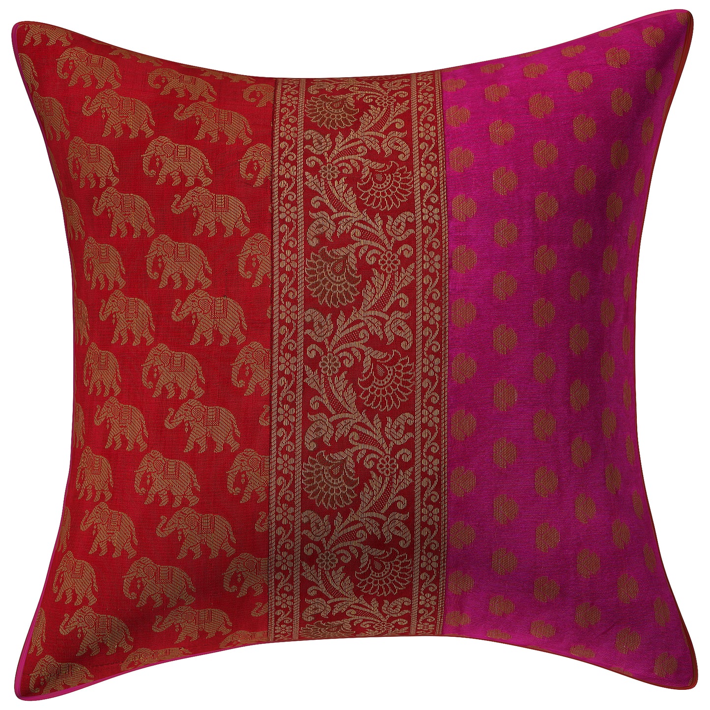 Indian Ethnic Brocade Silk Pink & Red Elephant cushion Cover Throw Pillow for Couch Sofa Home Décor Pillow Cover 16X16 In Set 2 Pc