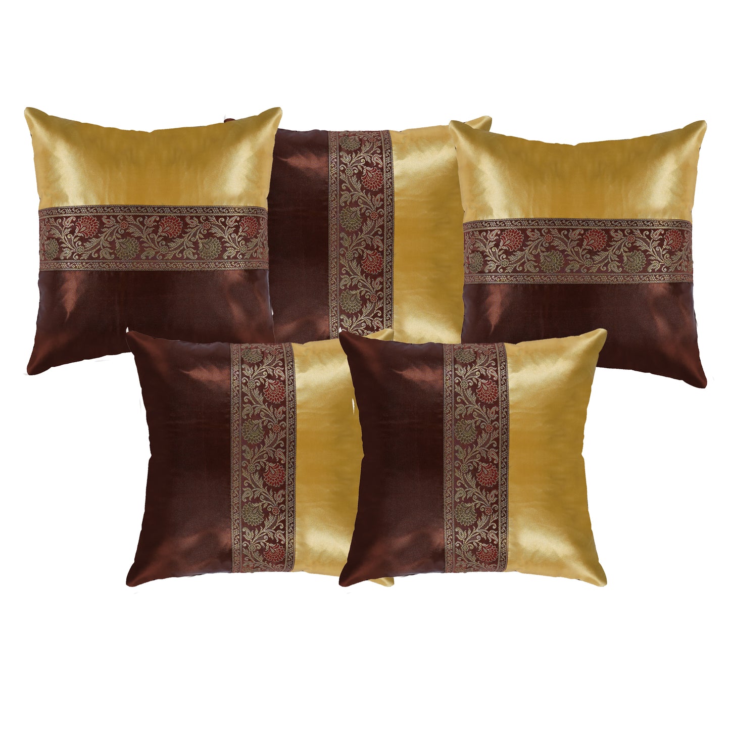 Set of 2 Pc Indian Solid Soft Silky Satin Brown & Yellow Cushion Covers Square Throw Decorative Pillowcases for Couch Sofa Home Décor 16X16 In