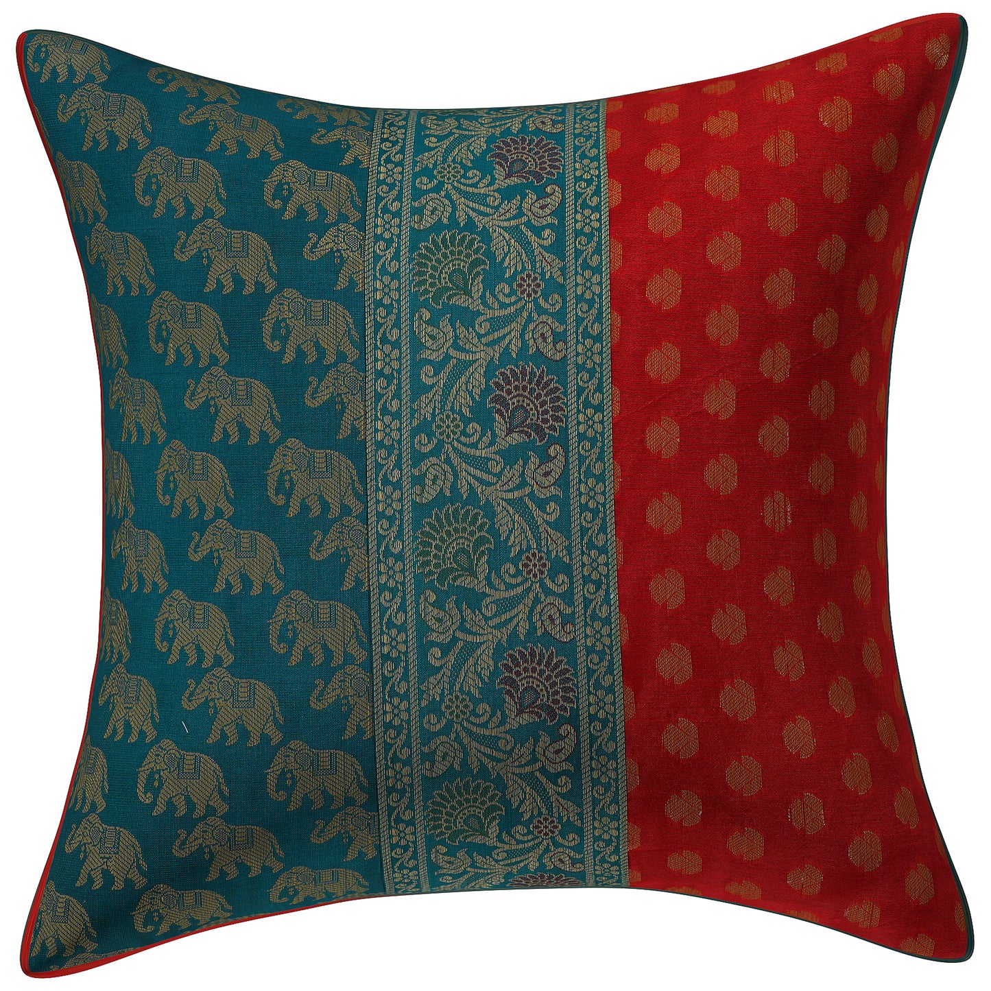 Indian Ethnic Brocade Silk Green & Red Elephant cushion Cover Throw Pillow for Couch Sofa Home Décor Pillow Cover 16X16 In Set 2 Pc