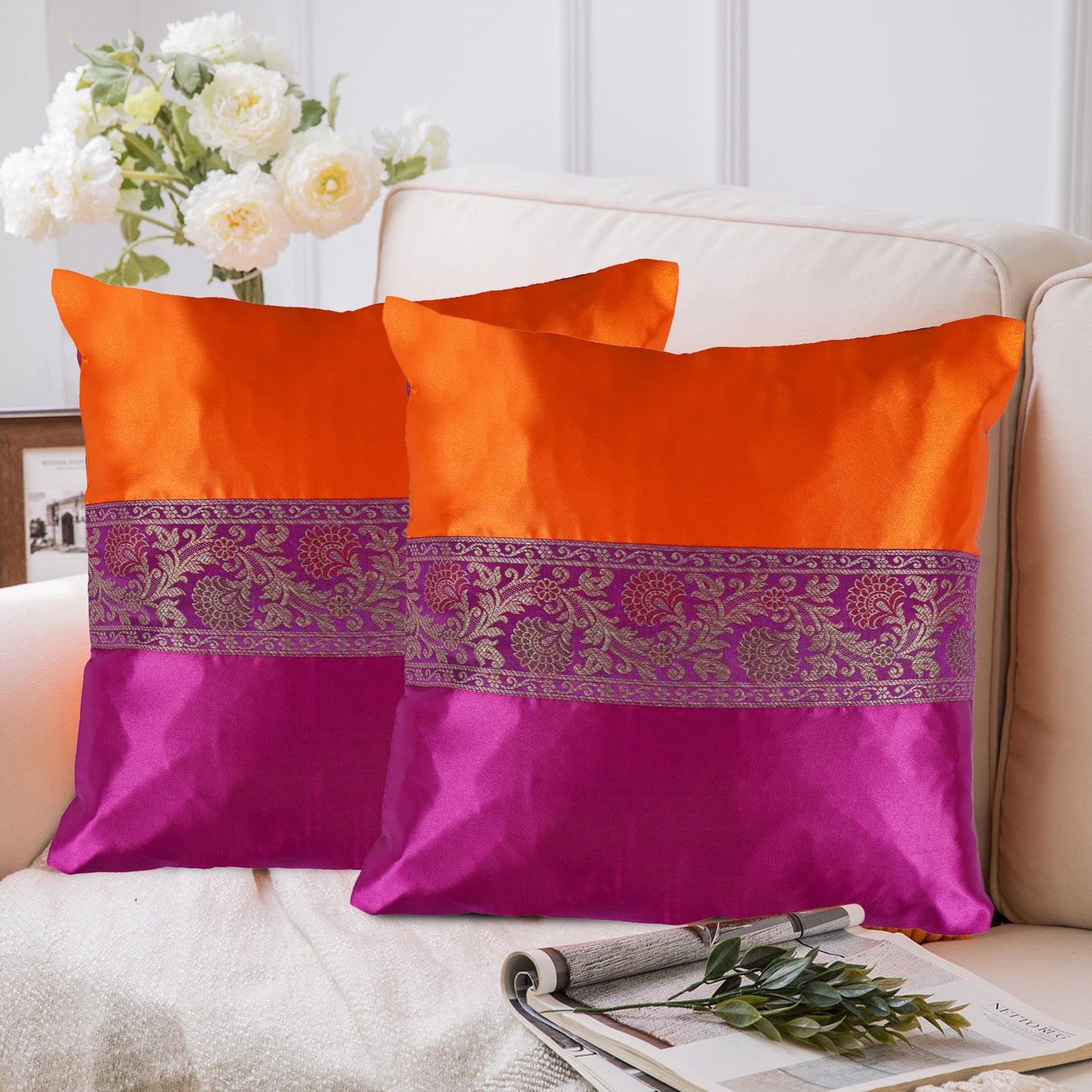 Set of 2 Pc Indian Solid Soft Silky Satin Orange & Magenta Pink Cushion Covers Square Throw Decorative Pillowcases for Couch Sofa Home Décor 16X16 In