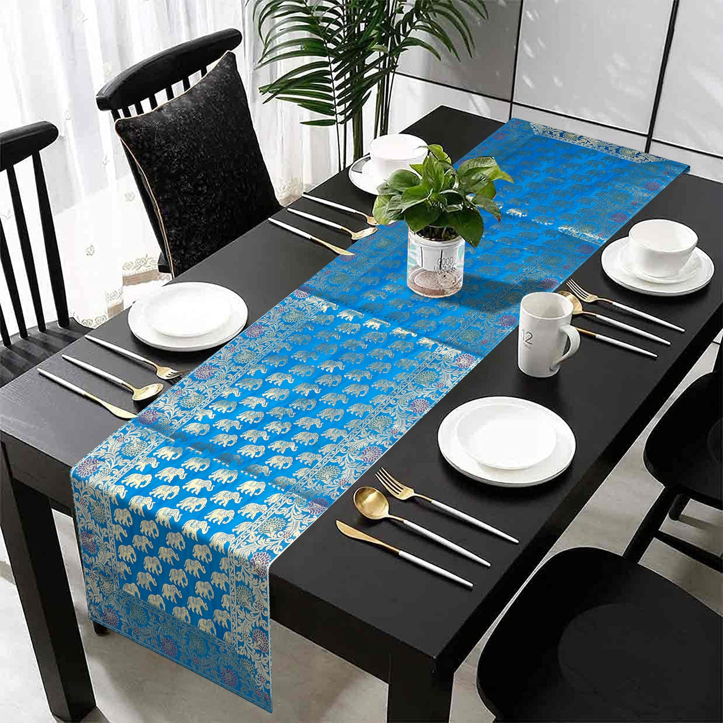Table Decor Runner Indian Ethnic Table Centerpiece Elephant Silk Til Blue & Gold Tablecloth 60x16" Wedding Decor Table Runner