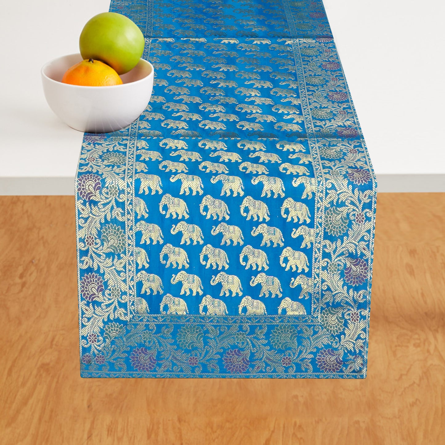 Table Decor Runner Indian Ethnic Table Centerpiece Elephant Silk Til Blue & Gold Tablecloth 60x16" Wedding Decor Table Runner