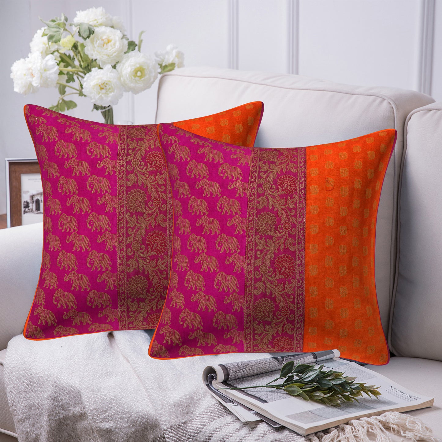Indian Ethnic Brocade Silk Pink & Orange Elephant cushion Cover Throw Pillow for Couch Sofa Home Décor Pillow Cover 16X16 In Set 2 Pc