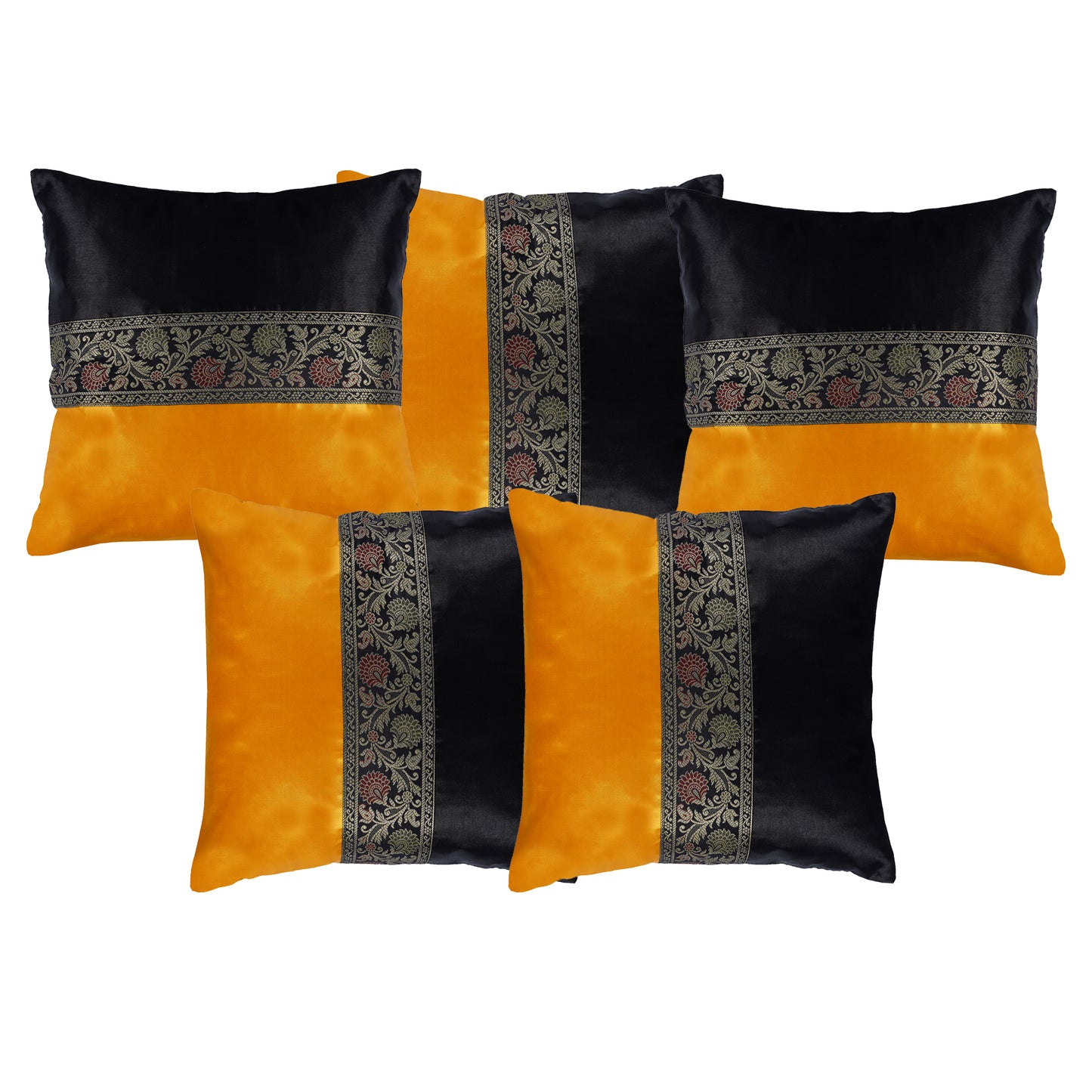Set of 2 Pc Indian Solid Soft Silky Satin Black & Yellow Cushion Covers Square Throw Decorative Pillowcases for Couch Sofa Home Décor 16X16 In