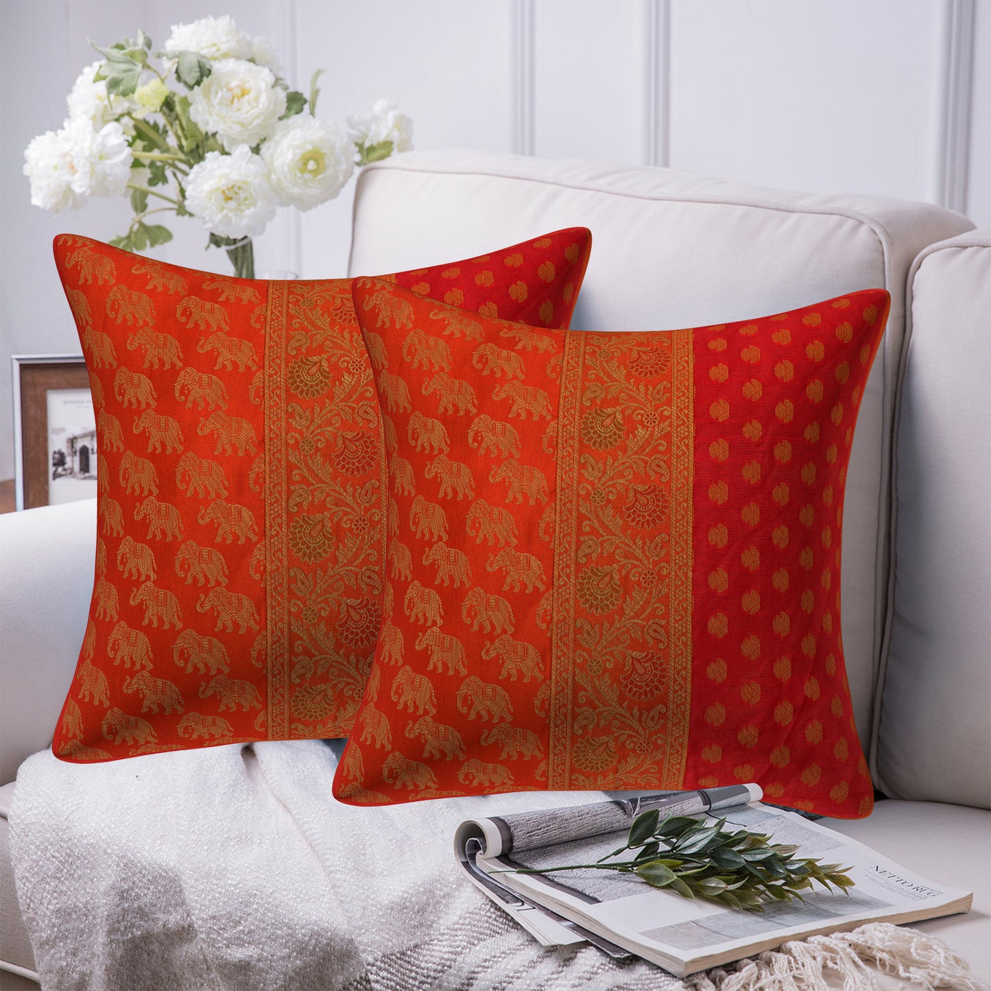 Indian Ethnic Brocade Silk Orange & Red Elephant cushion Cover Throw Pillow for Couch Sofa Home Décor Pillow Cover 16X16 In Set 2 Pc