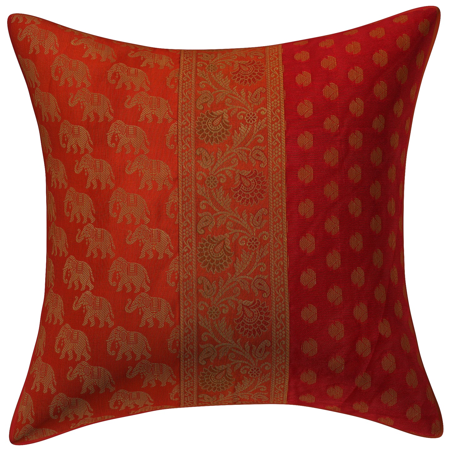 Indian Ethnic Brocade Silk Orange & Red Elephant cushion Cover Throw Pillow for Couch Sofa Home Décor Pillow Cover 16X16 In Set 2 Pc