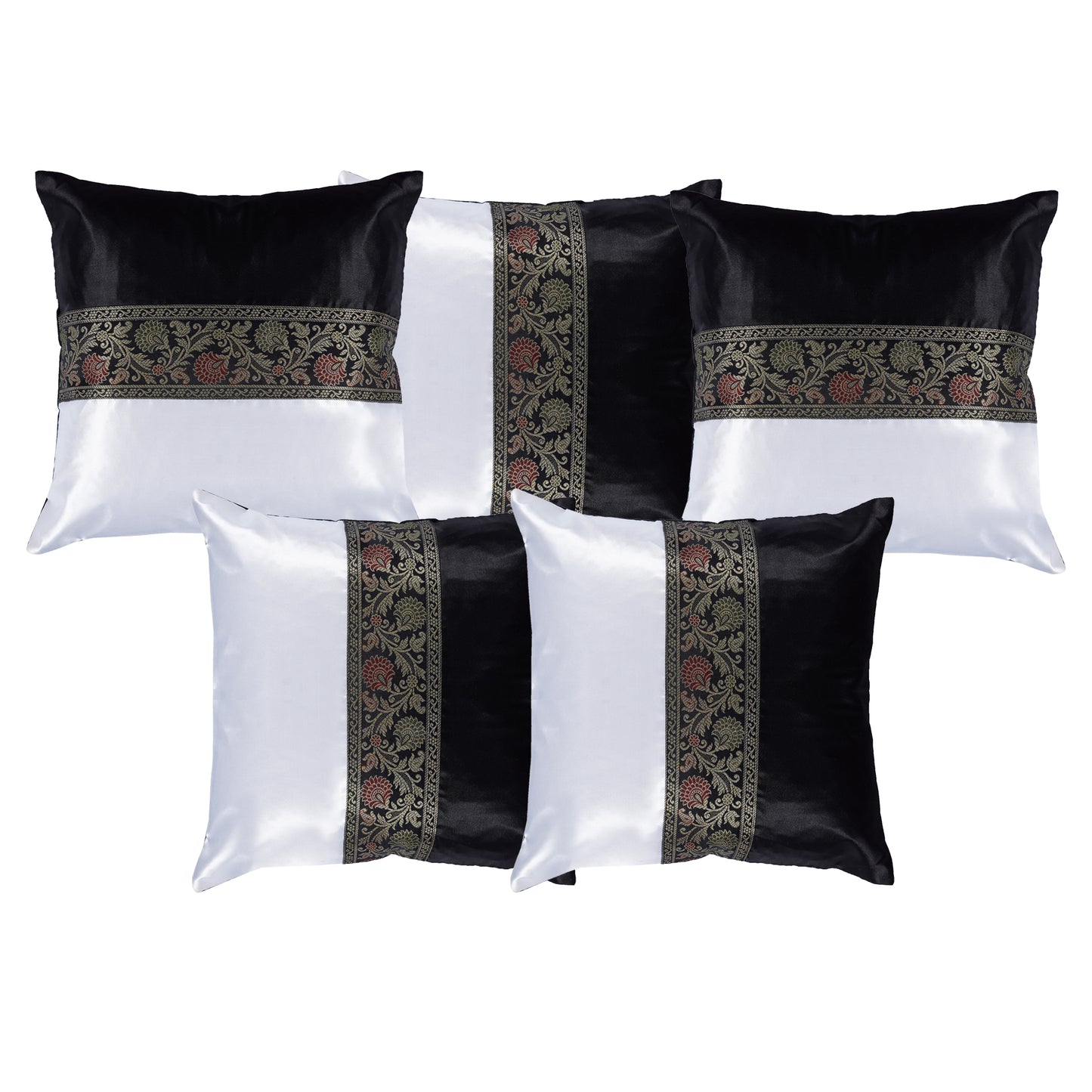 Set of 2 Pc Indian Solid Soft Silky Satin Black & White Cushion Covers Square Throw Decorative Pillowcases for Couch Sofa Home Décor 16X16 In