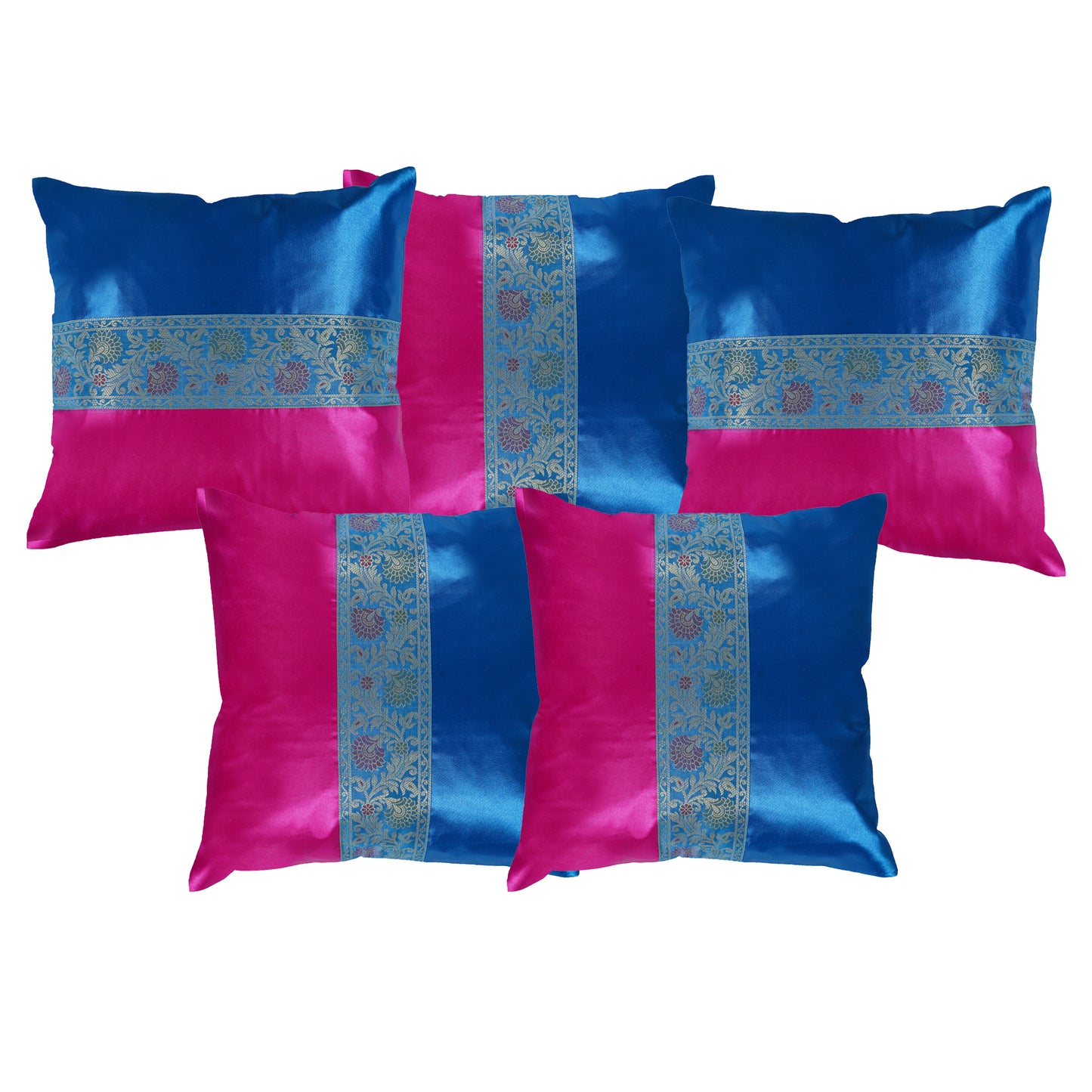 Set of 2 Pc Indian Solid Soft Silky Satin Blue & Magenta Pink Cushion Covers Square Throw Decorative Pillowcases for Couch Sofa Home Décor 16X16 In