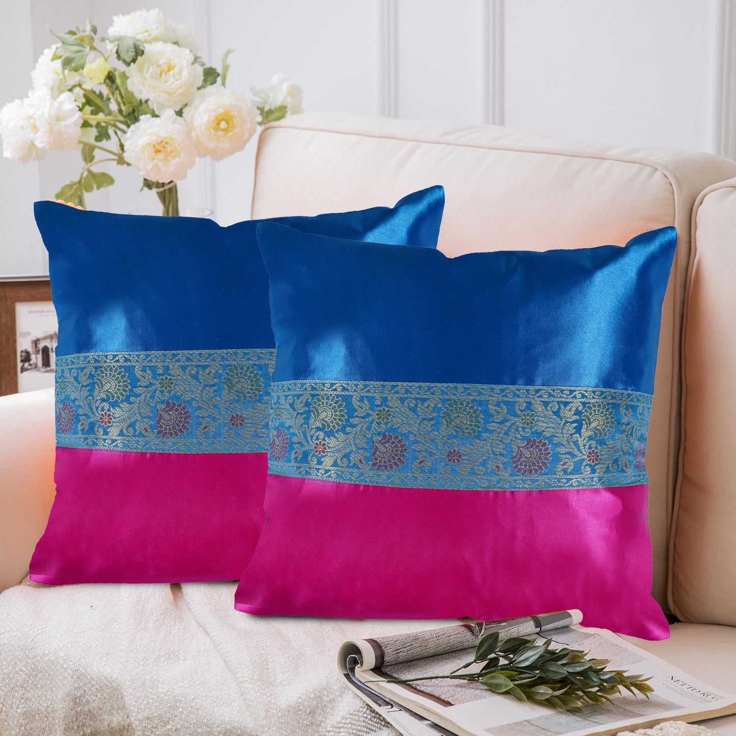 Set of 2 Pc Indian Solid Soft Silky Satin Blue & Magenta Pink Cushion Covers Square Throw Decorative Pillowcases for Couch Sofa Home Décor 16X16 In