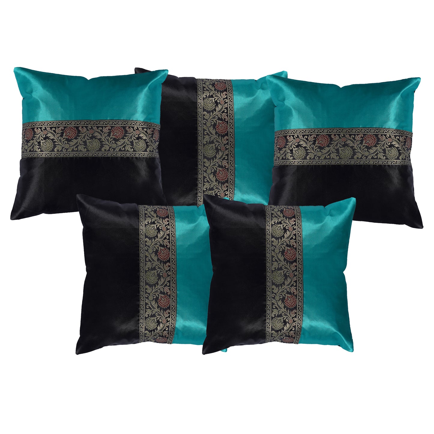 Set of 2 Pc Indian Solid Soft Silky Satin Black & Sea Green Cushion Covers Square Throw Decorative Pillowcases for Couch Sofa Home Décor 16X16 In