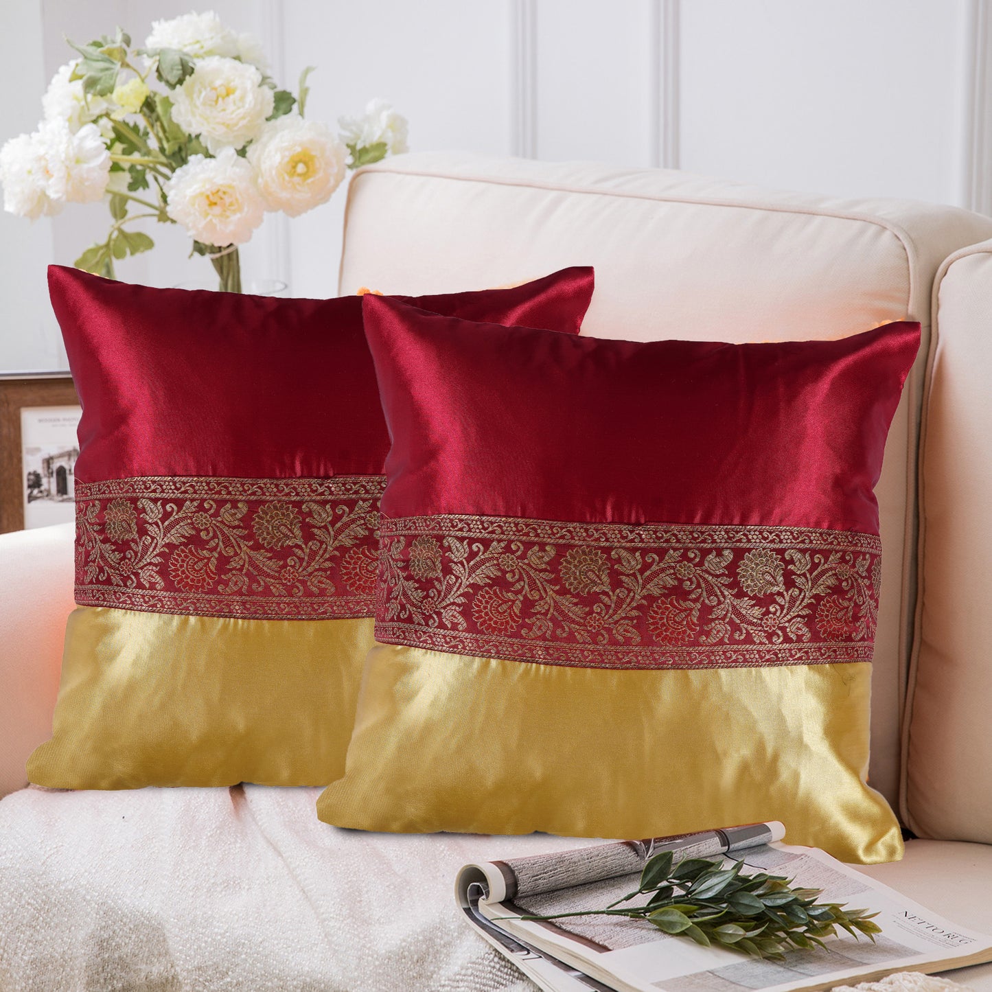 Set of 2 Pc Indian Solid Soft Silky Satin Yellow & Maroon Cushion Covers Square Throw Decorative Pillowcases for Couch Sofa Home Décor 16X16 In
