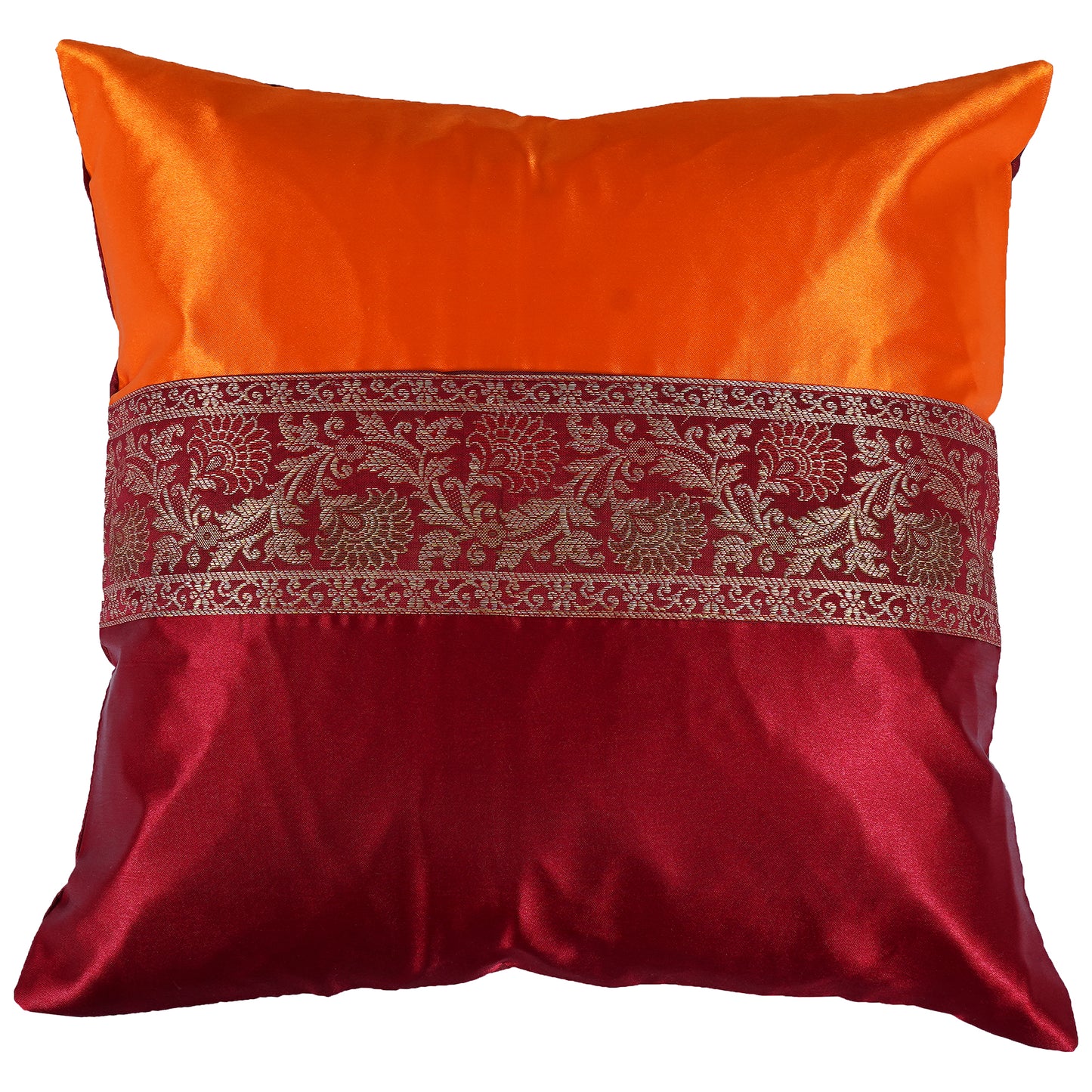 Set Of 2 Pc Indian Decorative Brocade Orange & Maroon Silky Satin Cushion Cover Square Throw Pillowcase for Couch Sofa Home Decor Ethnic Pillow Cover