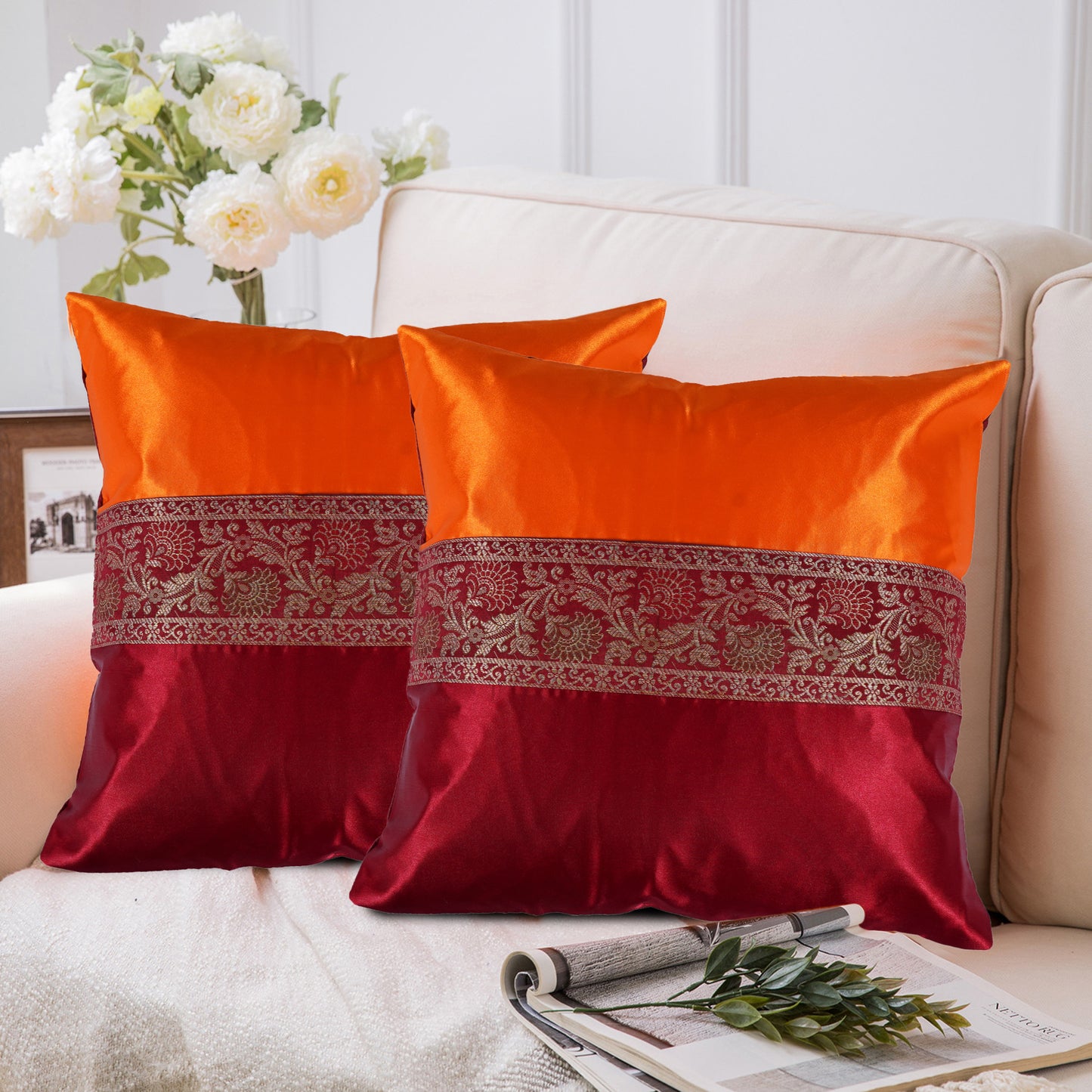 Set Of 2 Pc Indian Decorative Brocade Orange & Maroon Silky Satin Cushion Cover Square Throw Pillowcase for Couch Sofa Home Decor Ethnic Pillow Cover