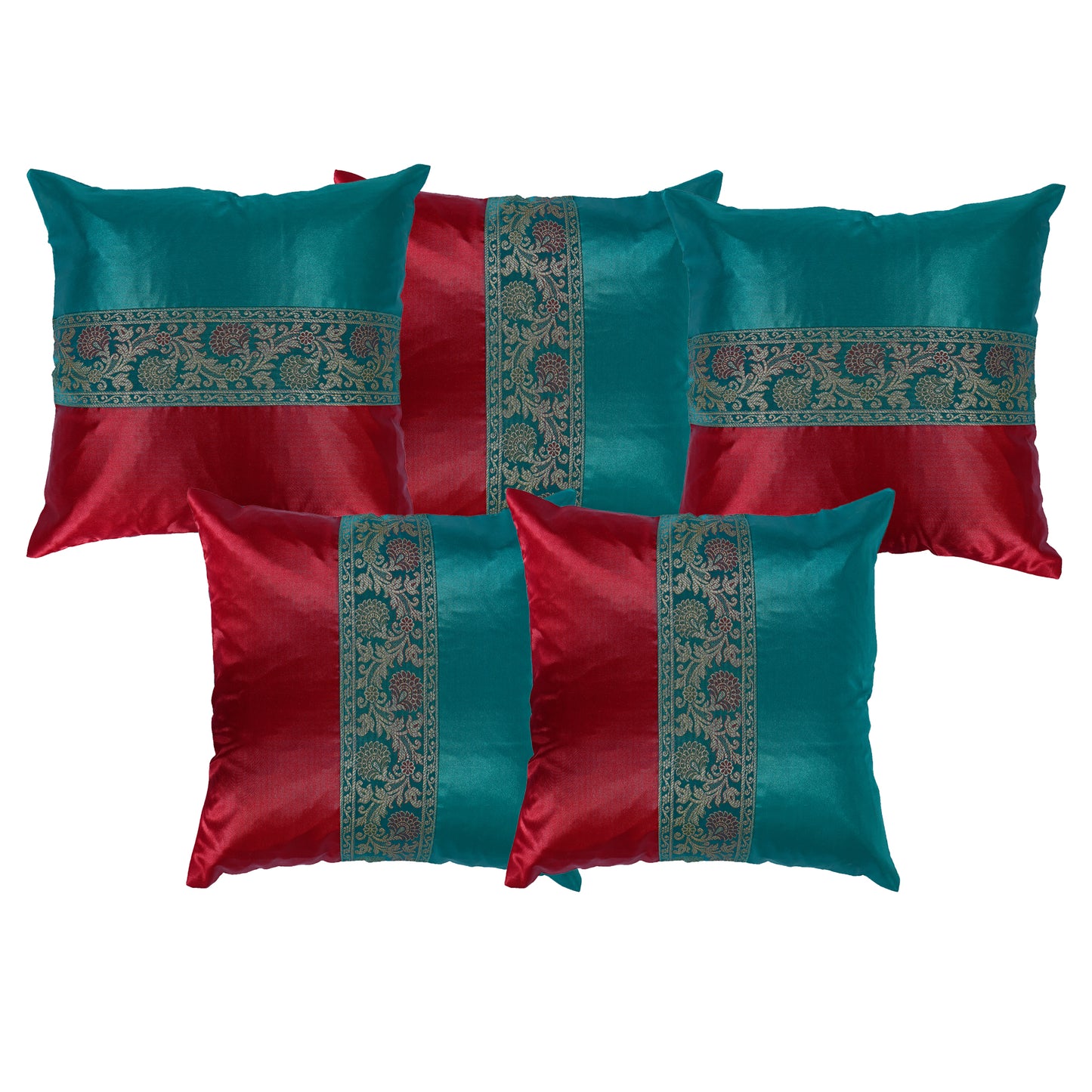 Set of 2 Pc Indian Solid Soft Silky Satin Sea Green & Red Cushion Covers Square Throw Decorative Pillowcases for Couch Sofa Home Décor 16X16 In
