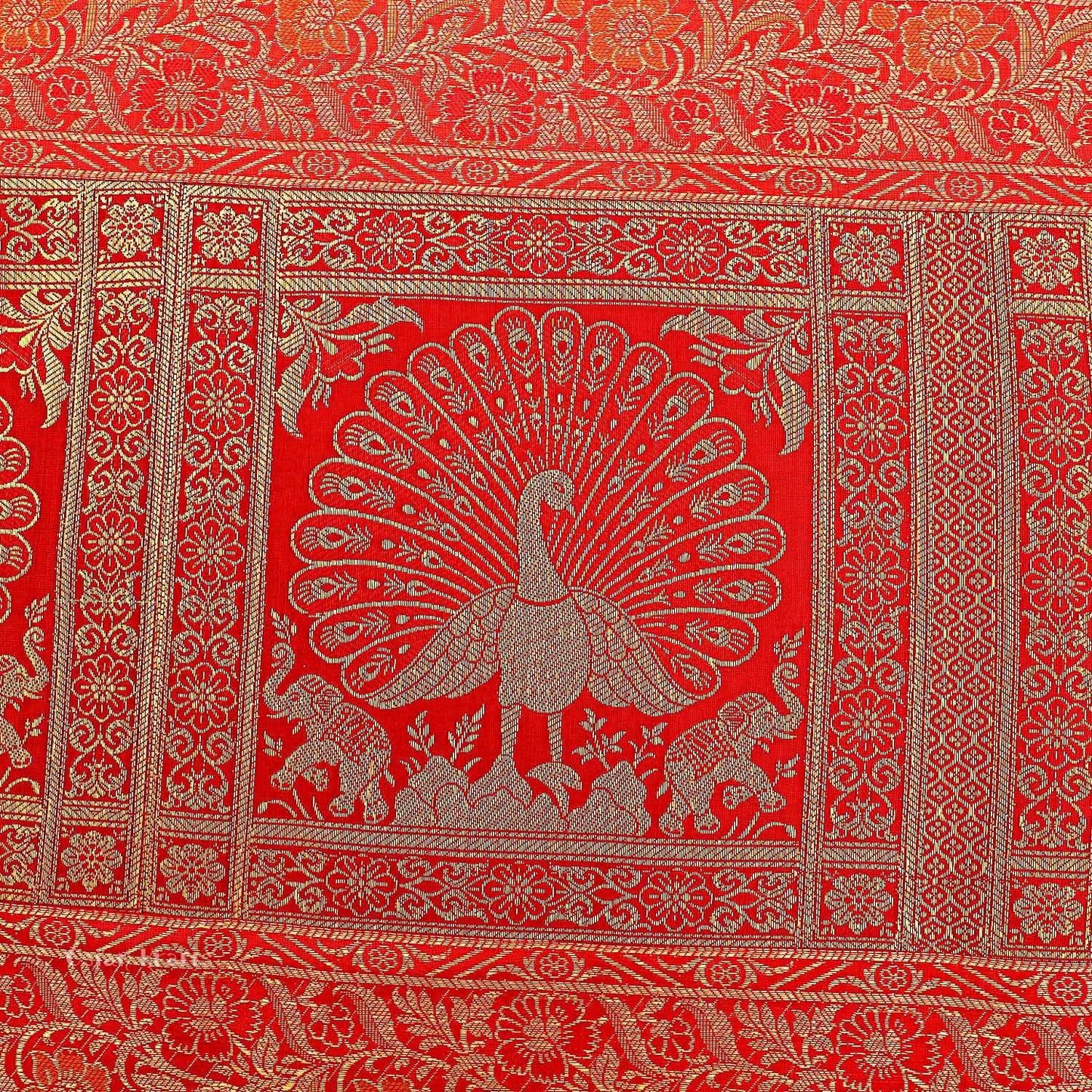 Table Décor Runner Indian Ethnic Table Centerpiece Dancing Peacock Silk Orange & Gold Tablecloth 60x16" Wedding Decor Table Runner