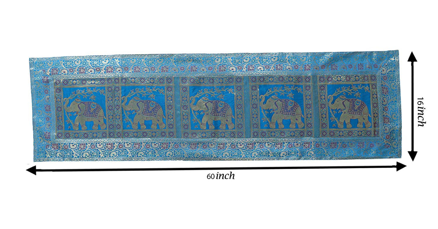 Table Decor Runner Indian Ethnic Table Centerpiece Elephant Silk  Turquoise & Gold Tablecloth 60x16" Wedding Decor Table Runner