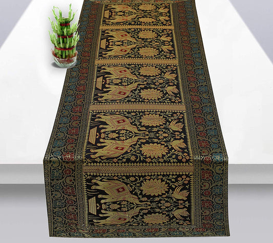 Dining Room Indian Ethnic Handmade Table Runner Brocade Elephant Black Silk Table Toppers 60x16" Home Decor Housewarming Gift